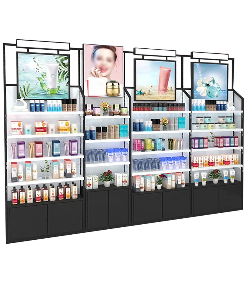 Cosmetic Display Shelves with Lights Make up Floor Standing Rack Metal Stand